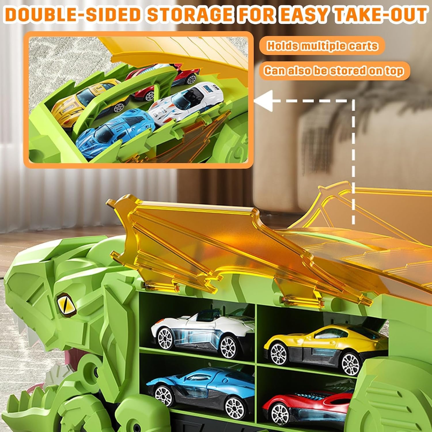 Dino Truck That Gobbles Up Cars with Swallowing Function, Transformable into Car Slide, Portable with Handle, Safe for Ages 3+