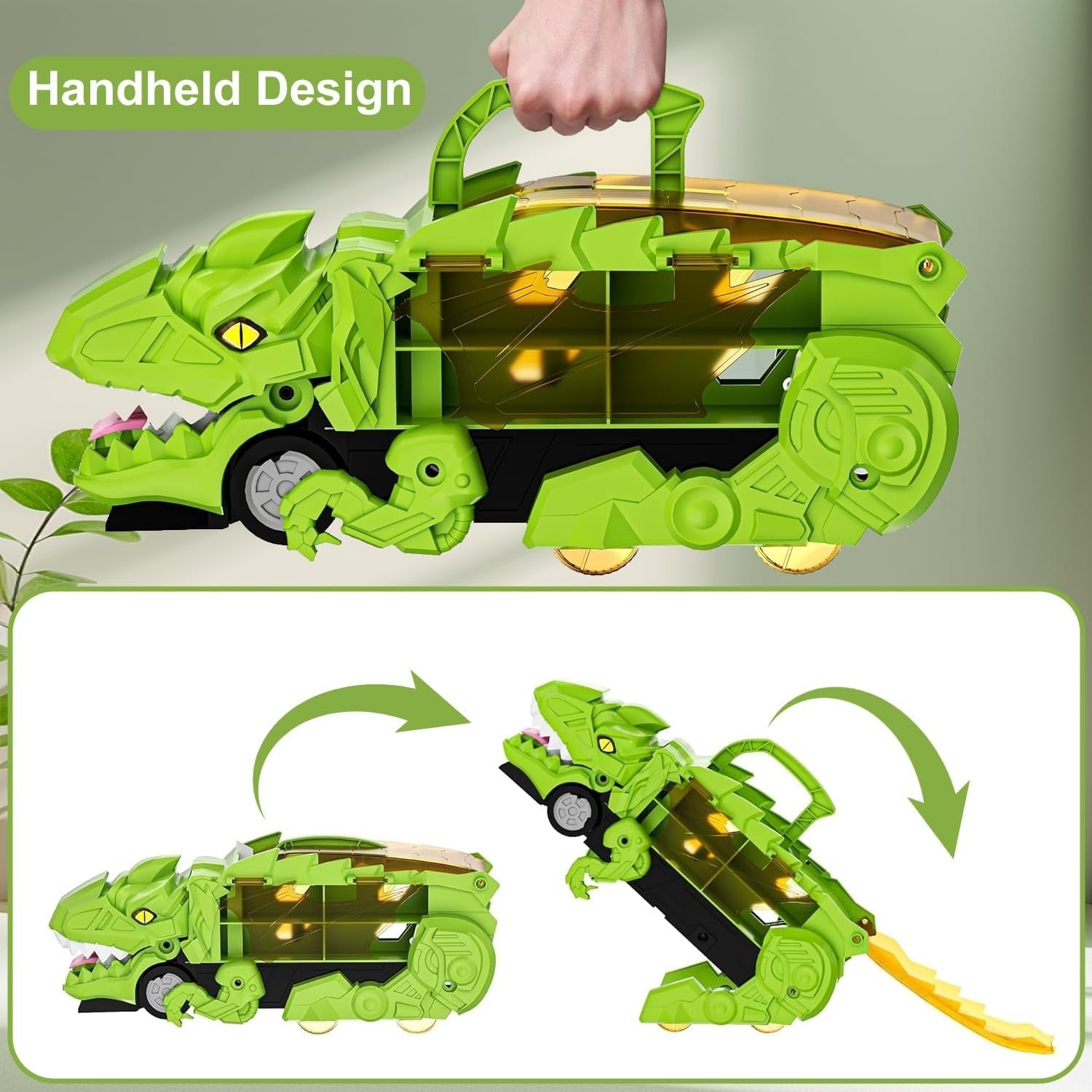 Dino Truck That Gobbles Up Cars with Swallowing Function, Transformable into Car Slide, Portable with Handle, Safe for Ages 3+