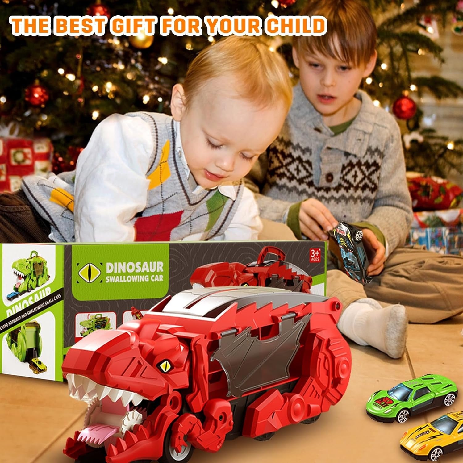 Dino Truck That Gobbles Up Cars with Swallowing Function, Transformable into Car Slide, Portable with Handle, Safe for Ages 3+