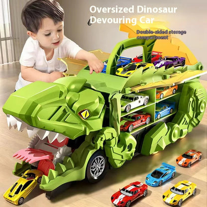 Dino Truck That Gobbles Up Cars with Swallowing Function, Transformable into Car Slide, Portable with Handle, Safe for Ages 3+