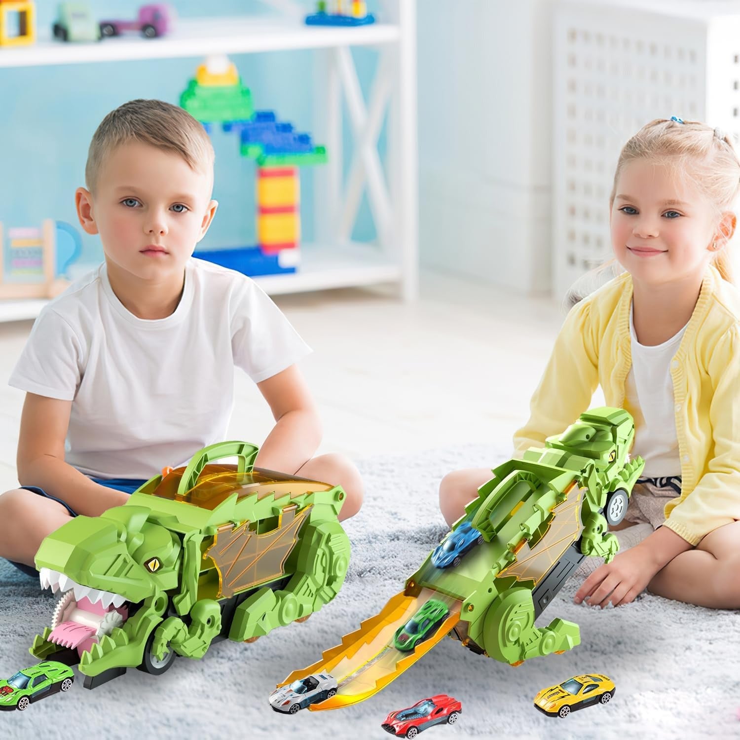 Dino Truck That Gobbles Up Cars with Swallowing Function, Transformable into Car Slide, Portable with Handle, Safe for Ages 3+