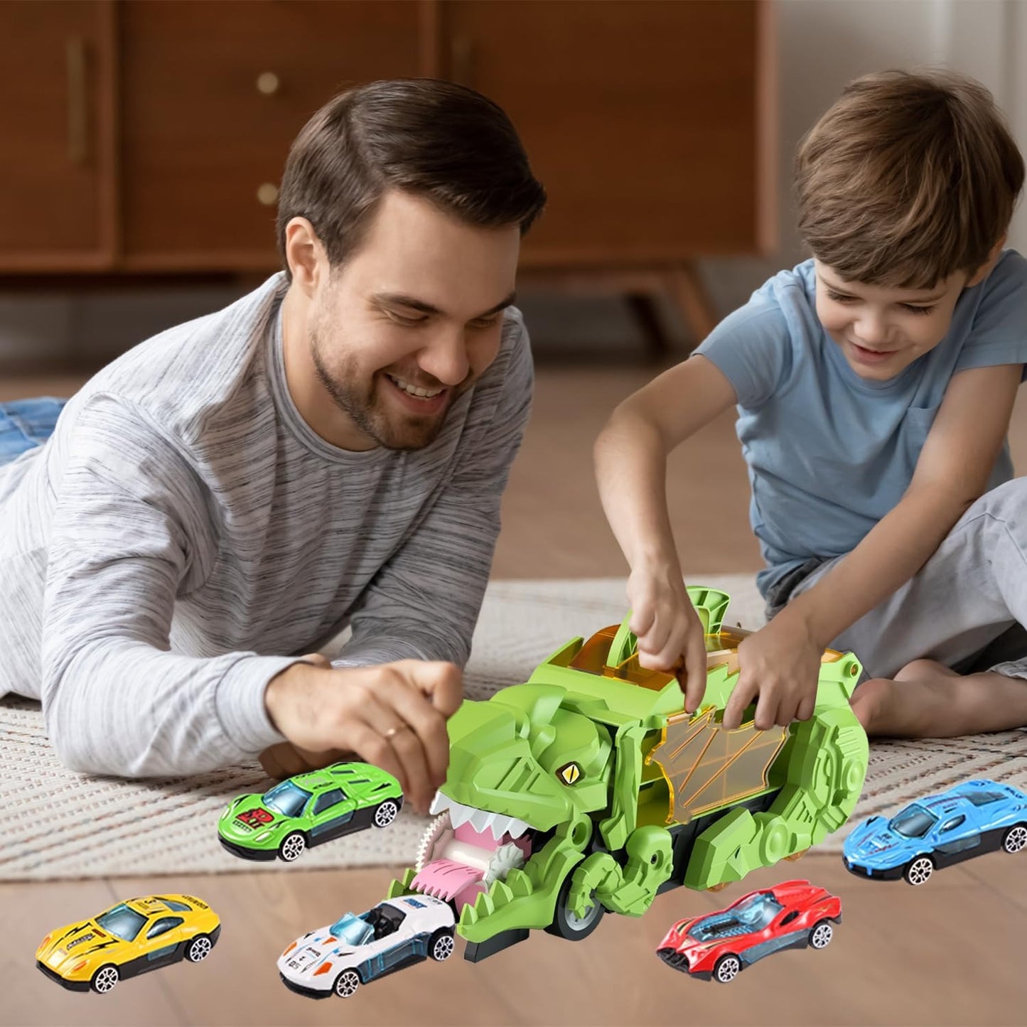 Dino Truck That Gobbles Up Cars with Swallowing Function, Transformable into Car Slide, Portable with Handle, Safe for Ages 3+
