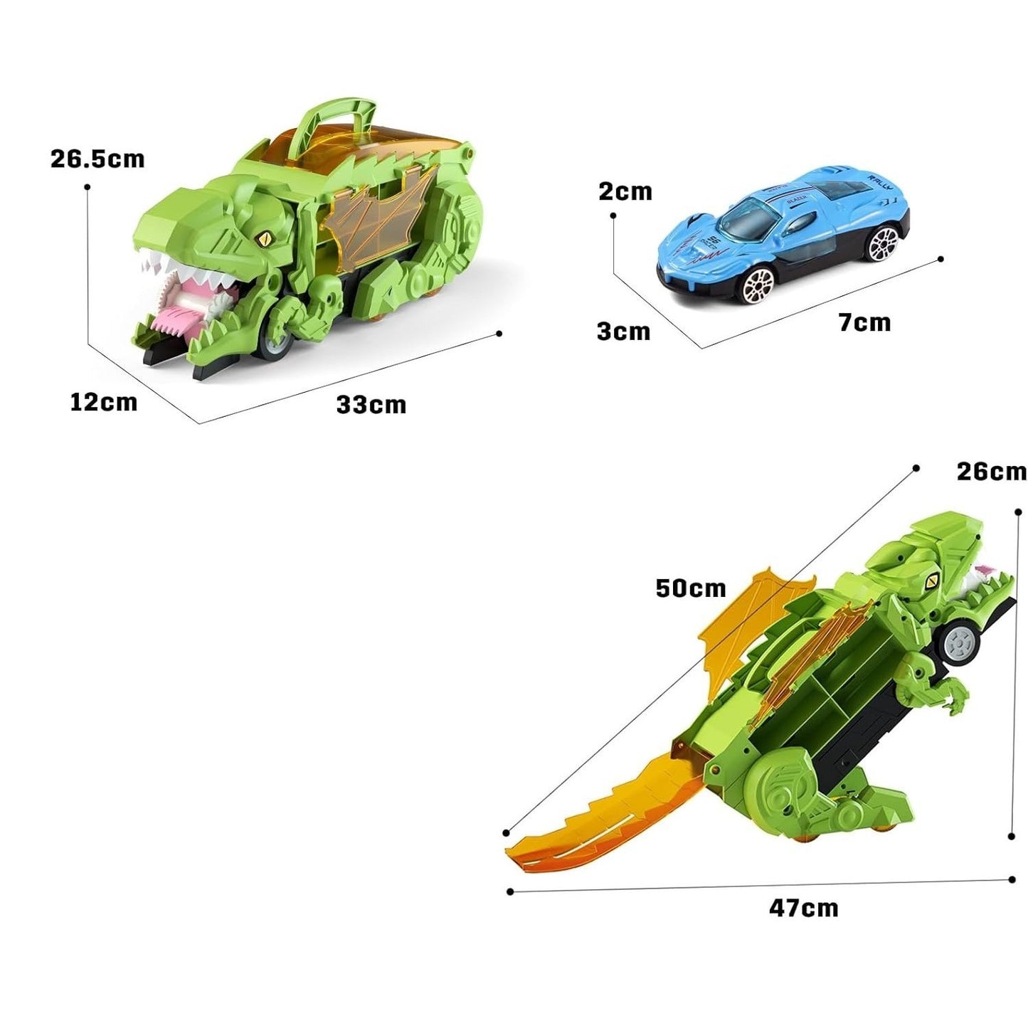 Dino Truck That Gobbles Up Cars with Swallowing Function, Transformable into Car Slide, Portable with Handle, Safe for Ages 3+