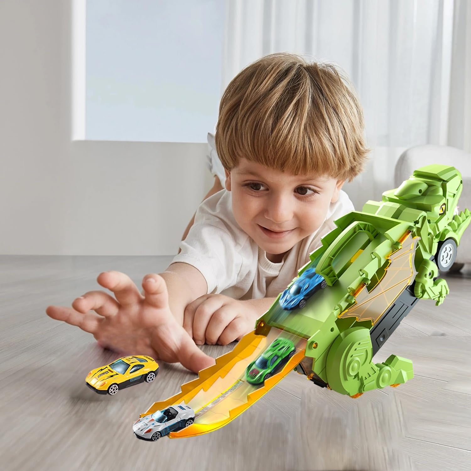 Dino Truck That Gobbles Up Cars with Swallowing Function, Transformable into Car Slide, Portable with Handle, Safe for Ages 3+