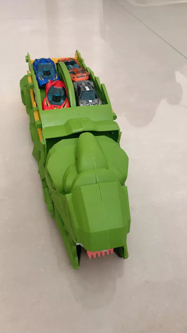 Dino Truck That Gobbles Up Cars with Swallowing Function, Transformable into Car Slide, Portable with Handle, Safe for Ages 3+