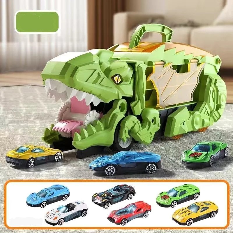 Dino Truck That Gobbles Up Cars with Swallowing Function, Transformable into Car Slide, Portable with Handle, Safe for Ages 3+