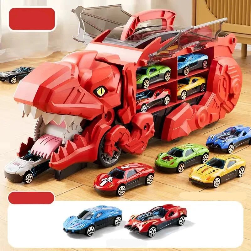 Dino Truck That Gobbles Up Cars with Swallowing Function, Transformable into Car Slide, Portable with Handle, Safe for Ages 3+
