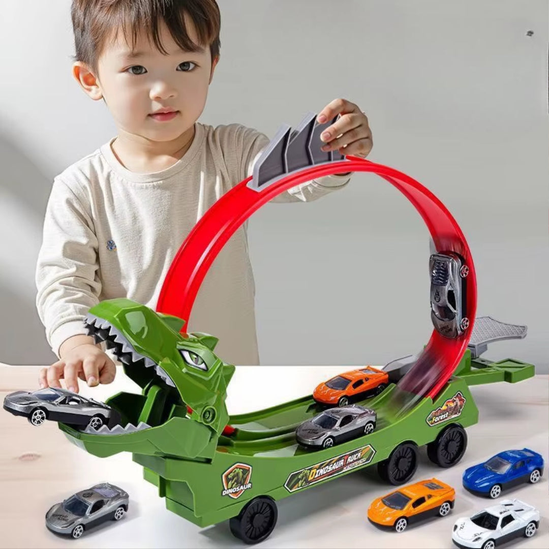Dinosaur Track Car with 360° Loop Launcher, High-Speed Racing, No Battery, Safe for Ages 3+
