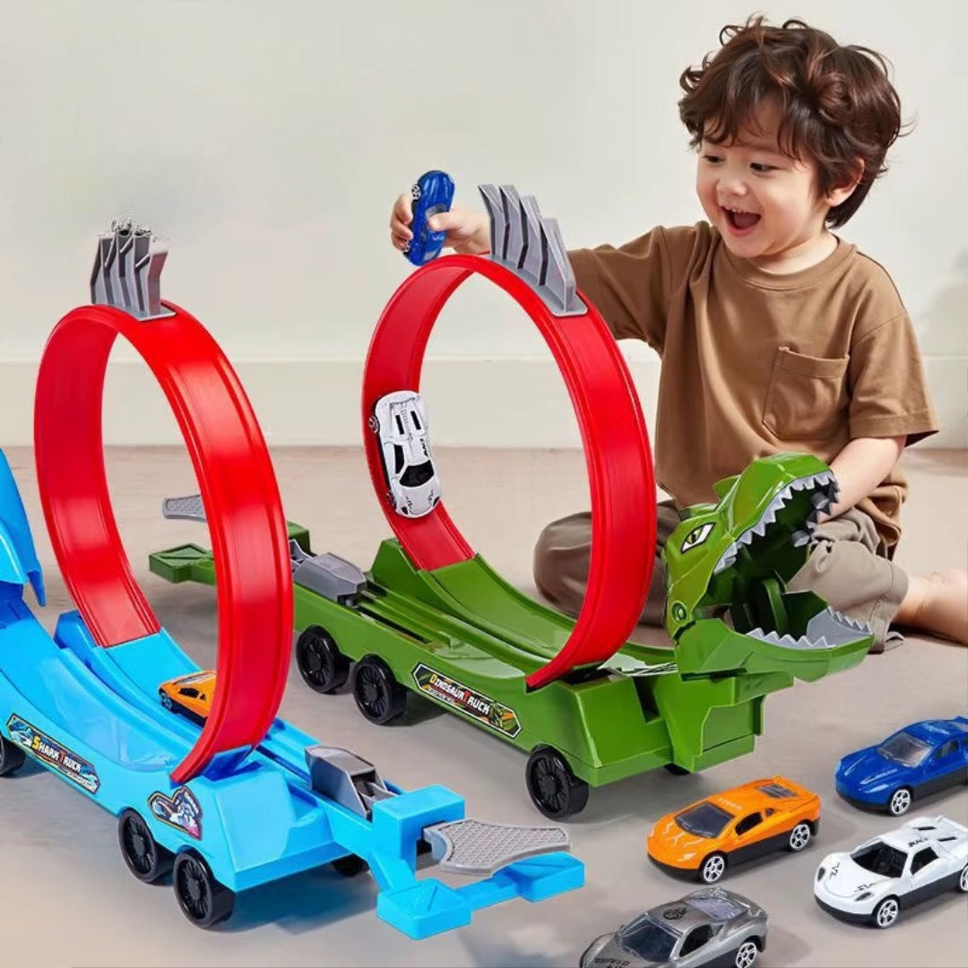 Dinosaur Track Car with 360° Loop Launcher, High-Speed Racing, No Battery, Safe for Ages 3+