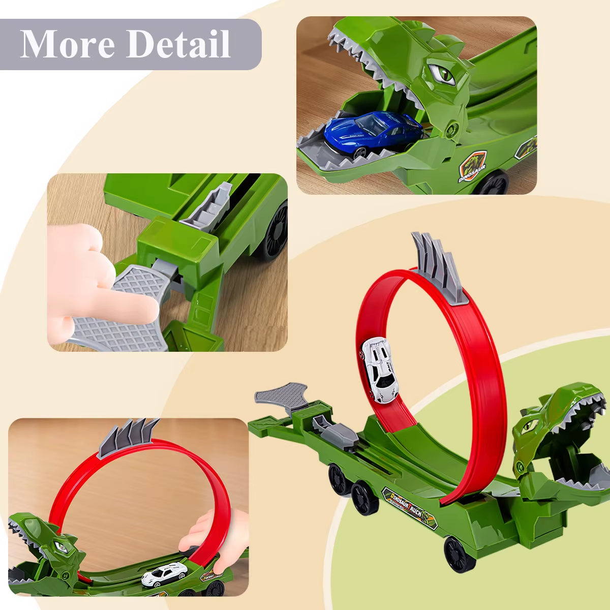 Dinosaur Track Car with 360° Loop Launcher, High-Speed Racing, No Battery, Safe for Ages 3+