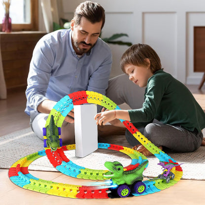 Dinosaur Track Cars With Flexible Tracks, Autopilot, Auto LED, Lively Sounds For Ages 3+