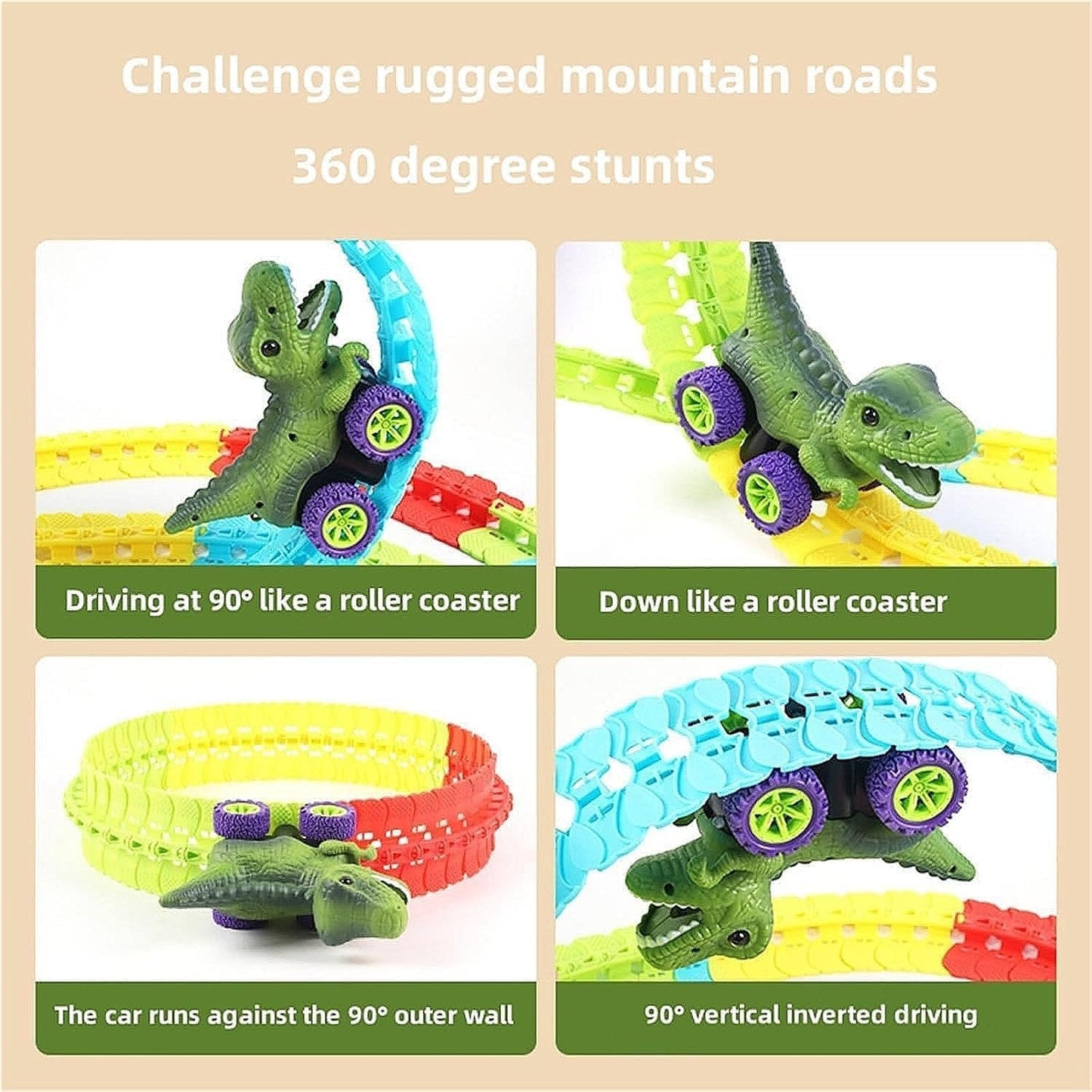 Dinosaur Track Cars With Flexible Tracks, Autopilot, Auto LED, Lively Sounds For Ages 3+