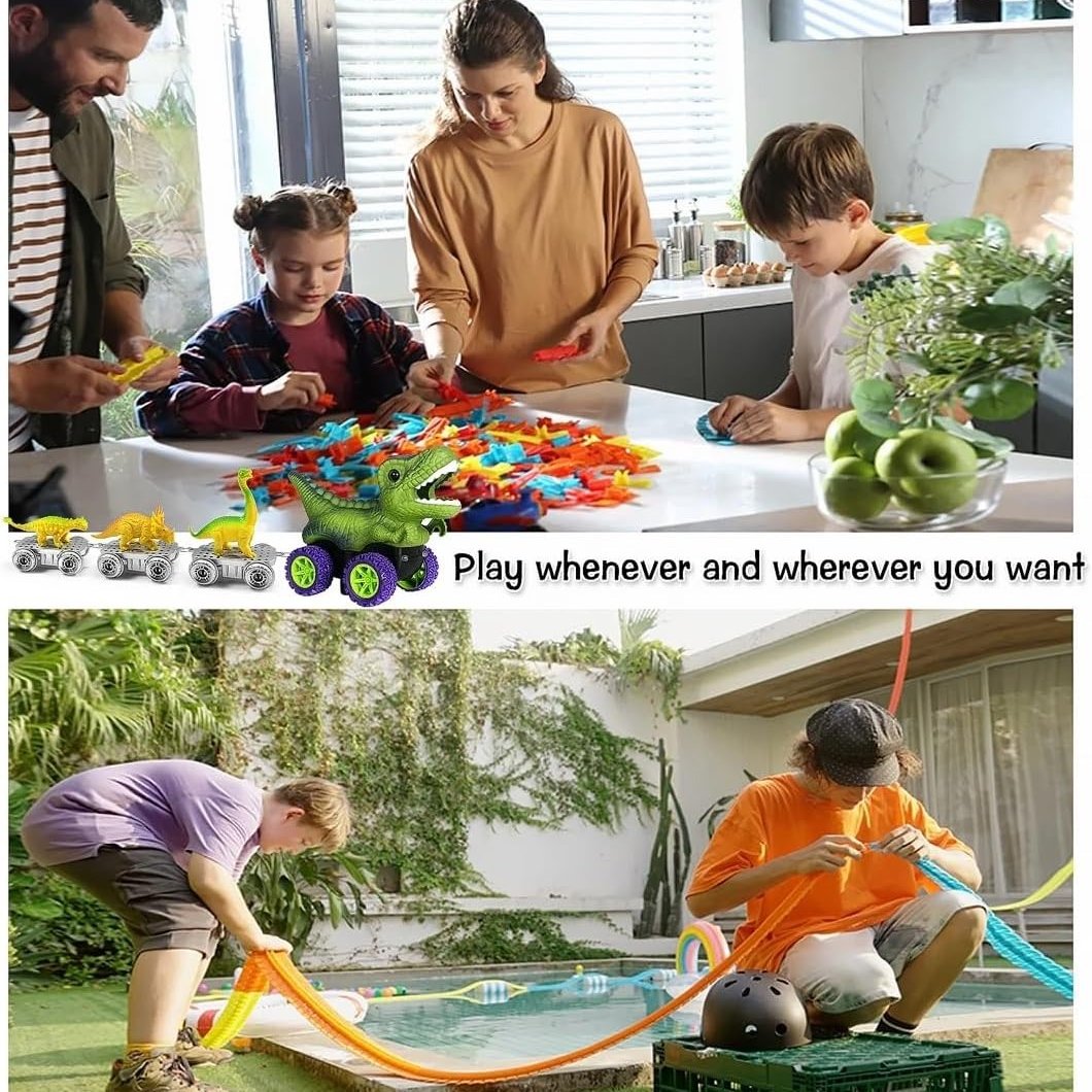 Dinosaur Track Cars With Flexible Tracks, Autopilot, Auto LED, Lively Sounds For Ages 3+