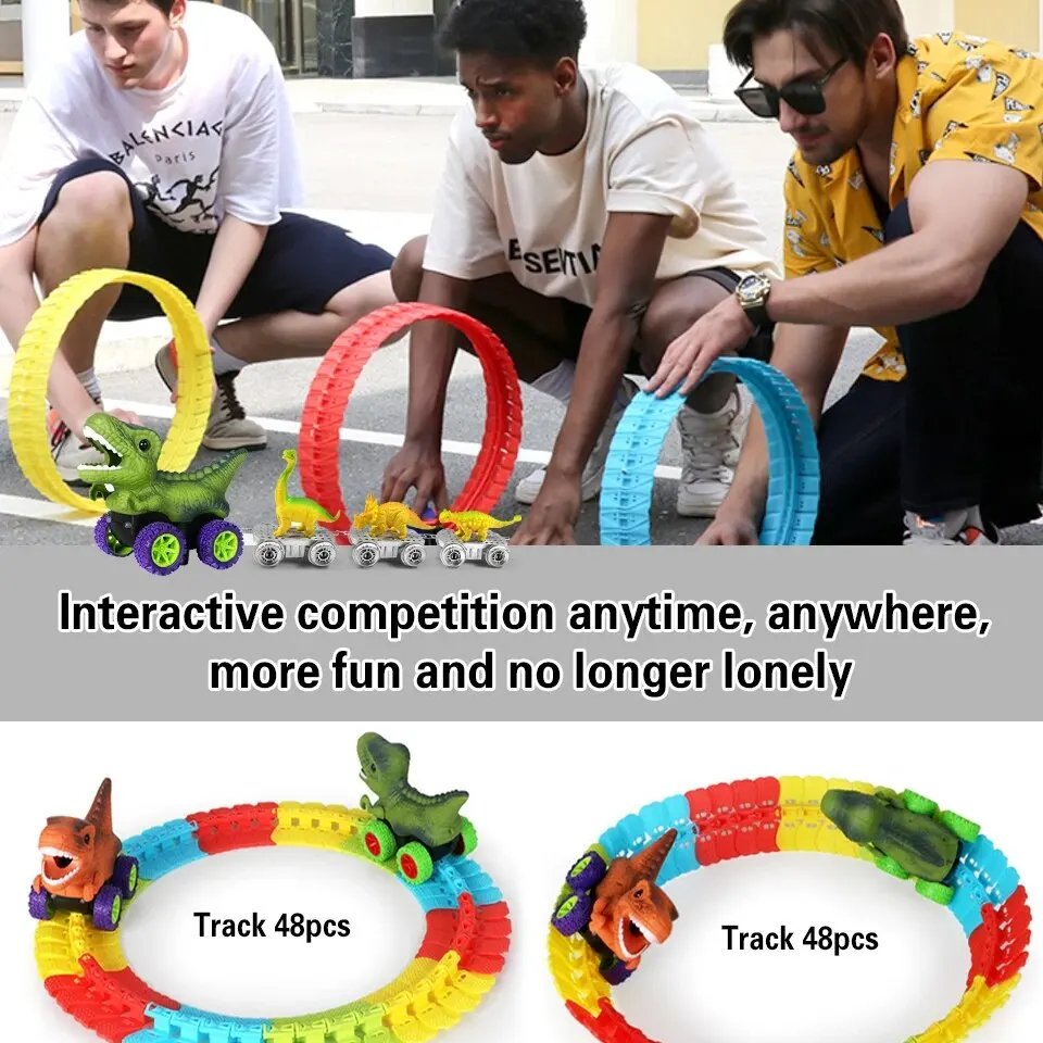 Dinosaur Track Cars With Flexible Tracks, Autopilot, Auto LED, Lively Sounds For Ages 3+