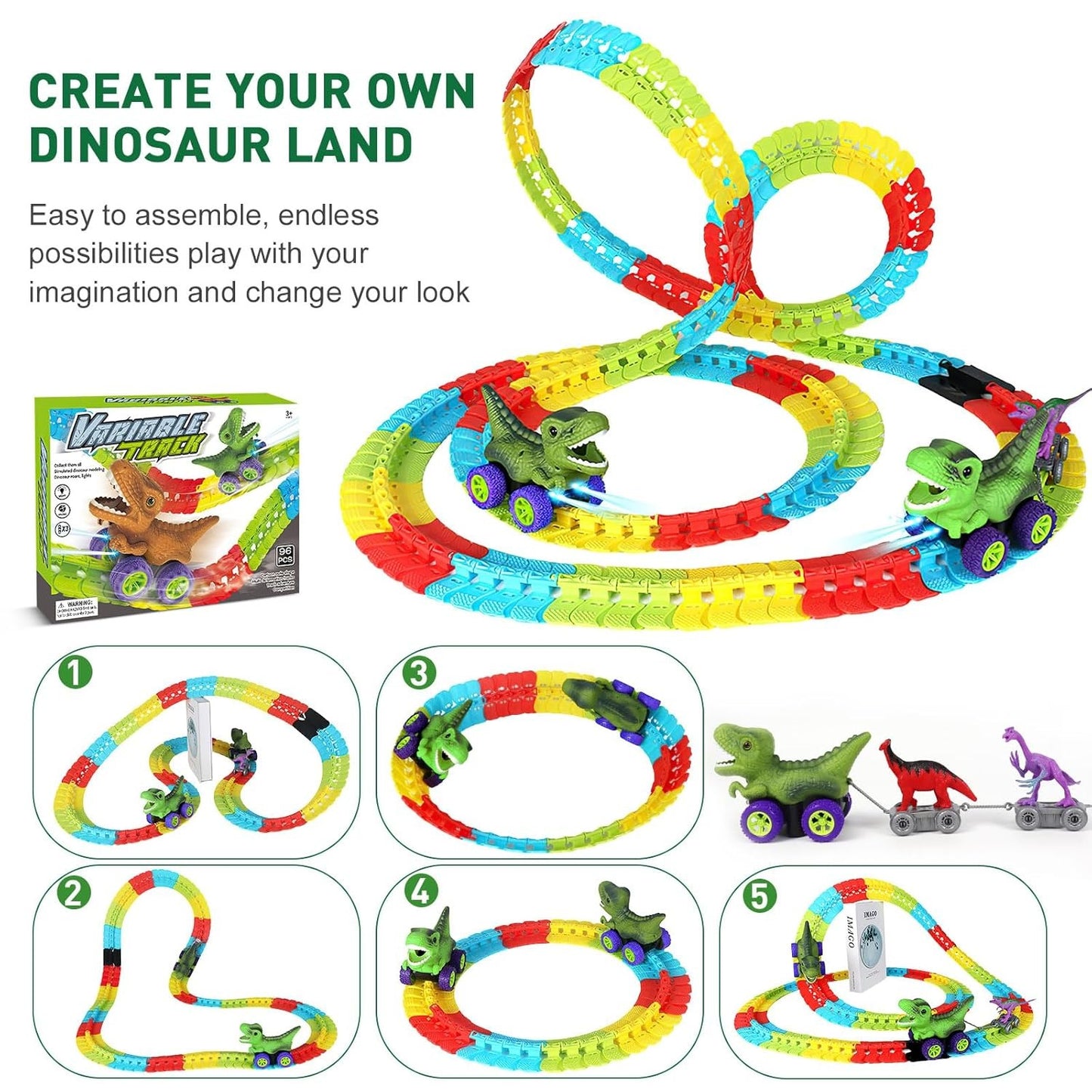 Dinosaur Track Cars With Flexible Tracks, Autopilot, Auto LED, Lively Sounds For Ages 3+