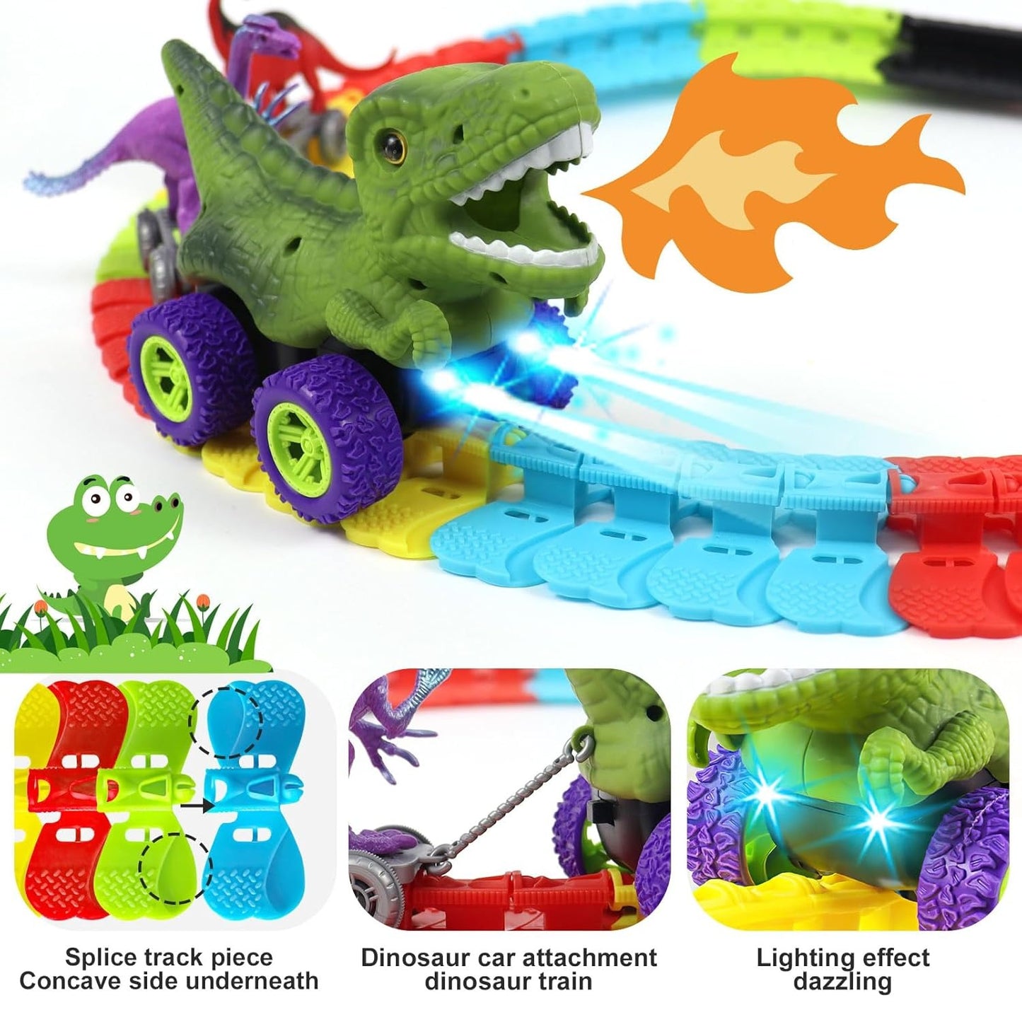 Dinosaur Track Cars With Flexible Tracks, Autopilot, Auto LED, Lively Sounds For Ages 3+