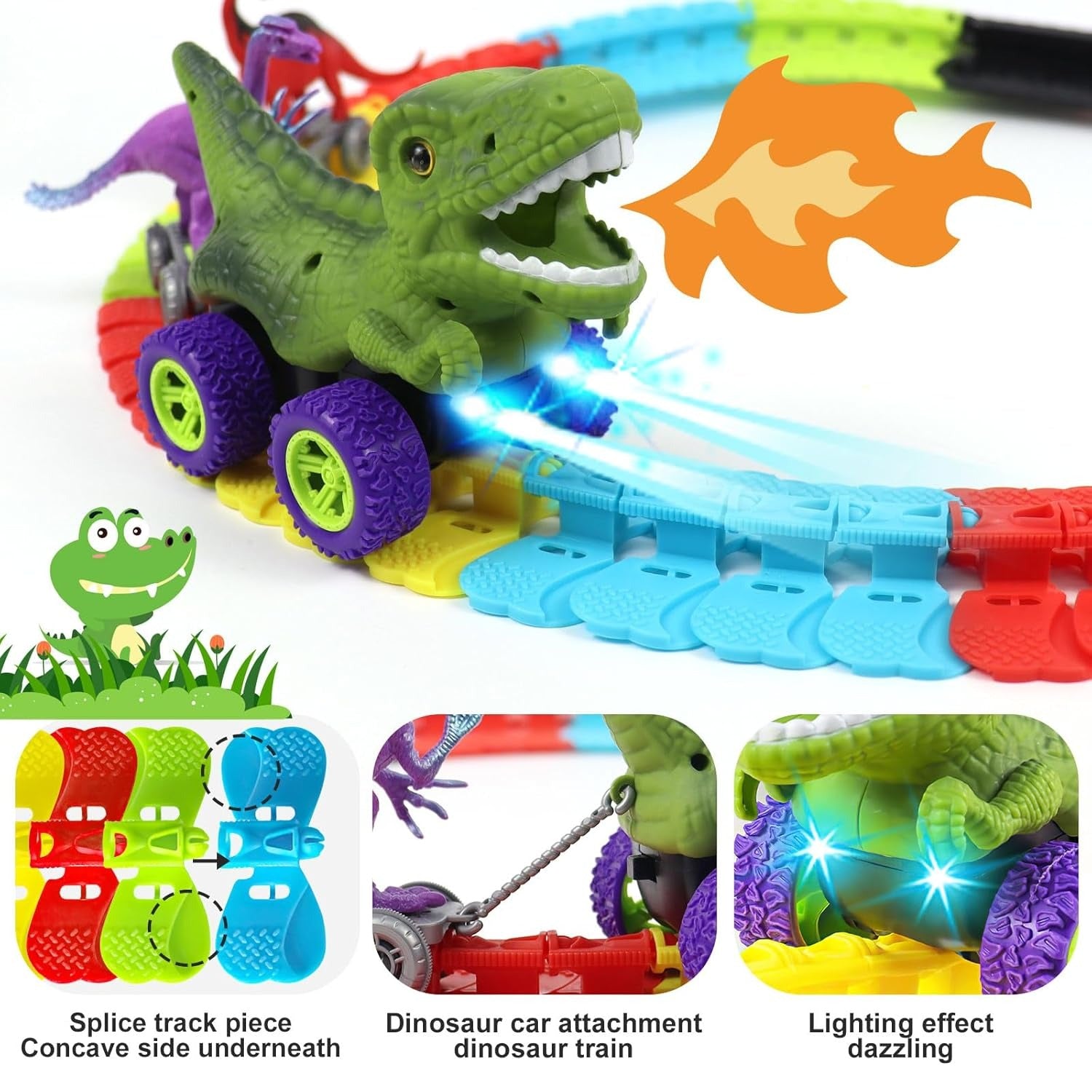 Dinosaur Track Cars With Flexible Tracks, Autopilot, Auto LED, Lively Sounds For Ages 3+