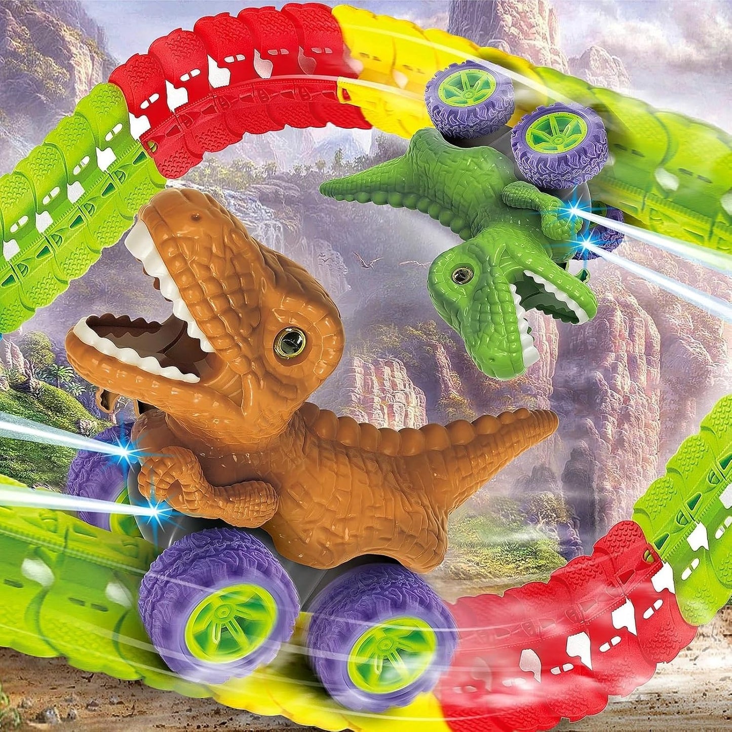 Dinosaur Track Cars With Flexible Tracks, Autopilot, Auto LED, Lively Sounds For Ages 3+