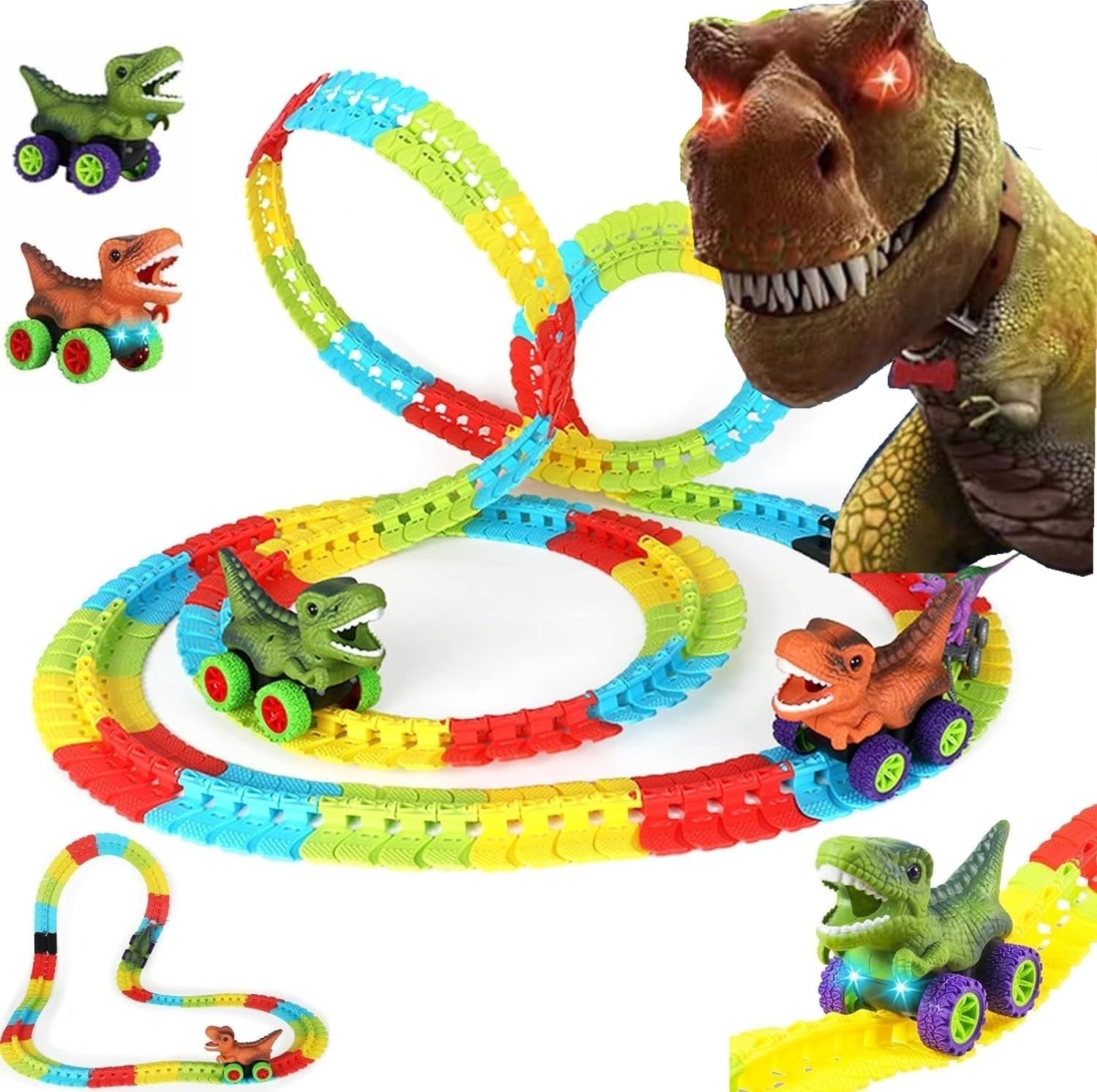 Dinosaur Track Cars With Flexible Tracks, Autopilot, Auto LED, Lively Sounds For Ages 3+