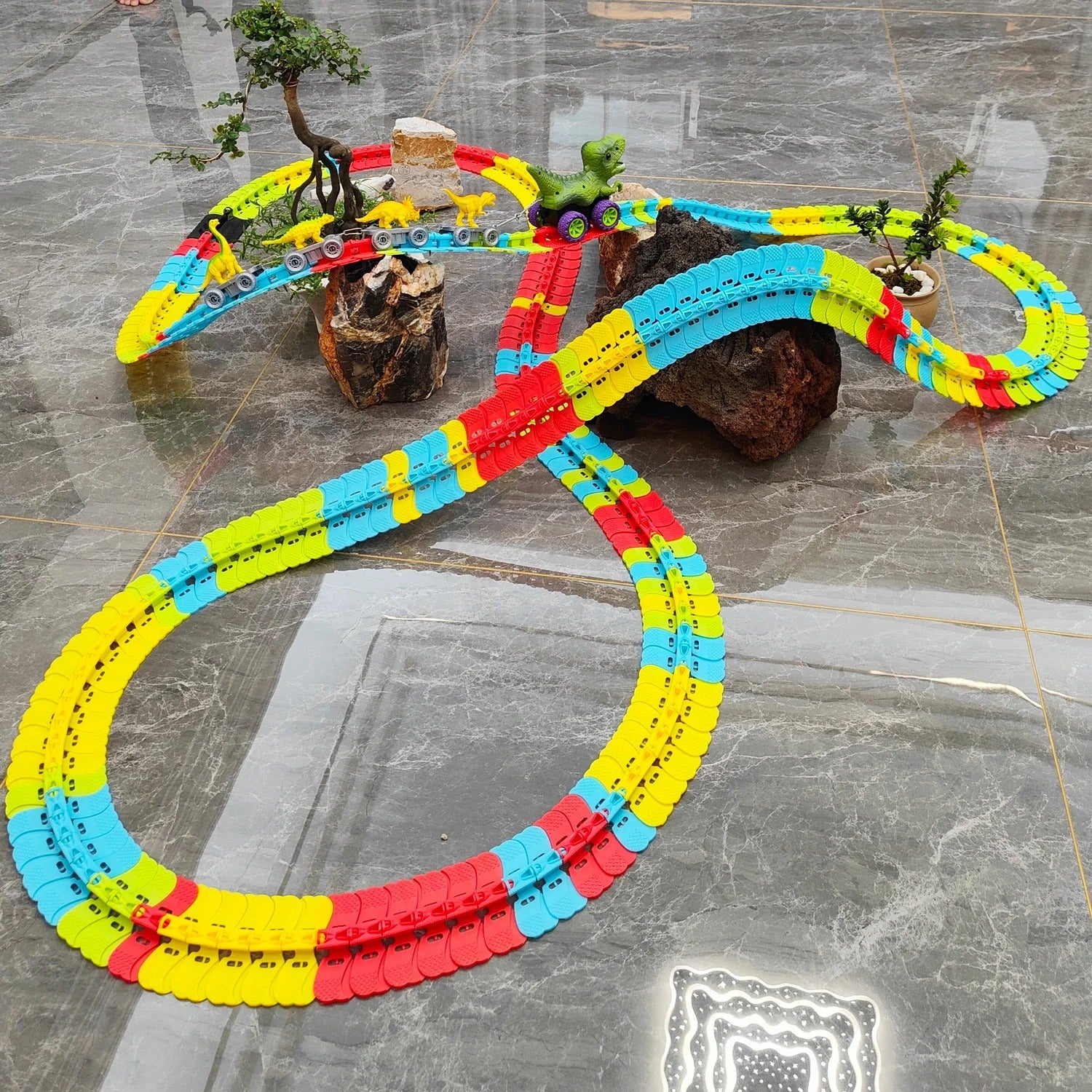 Dinosaur Track Cars With Flexible Tracks, Autopilot, Auto LED, Lively Sounds For Ages 3+