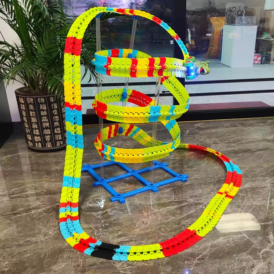 Dinosaur Track Cars With Flexible Tracks, Autopilot, Auto LED, Lively Sounds For Ages 3+