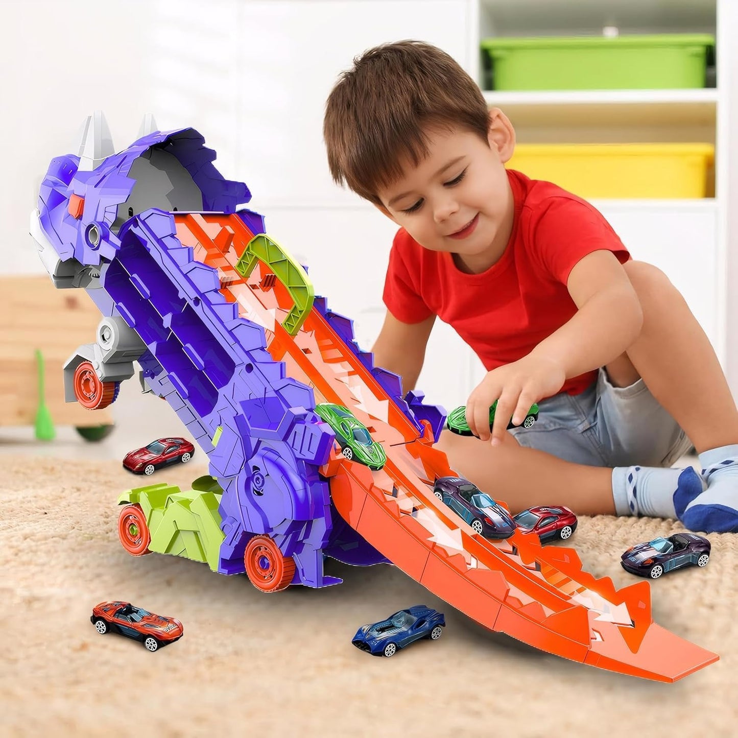 Dinosaur Transforming Truck Toy – Converts into Dinosaur, Includes Mini Alloy Cars and Accessories