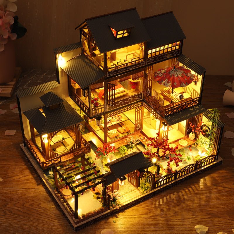 DIY Japanese Wooden Dollhouse Kit with Furniture, Music Box, and Dust Cover