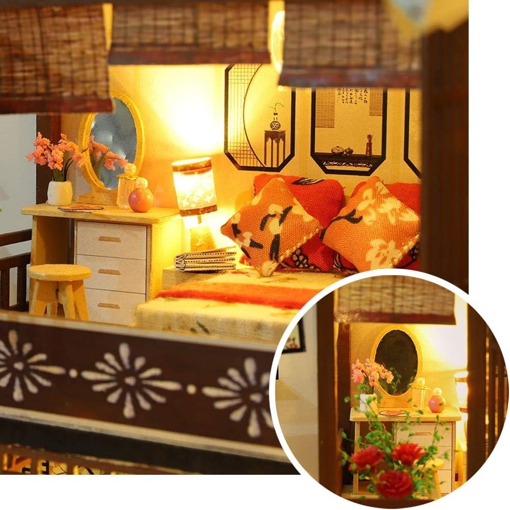 DIY Japanese Wooden Dollhouse Kit with Furniture, Music Box, and Dust Cover