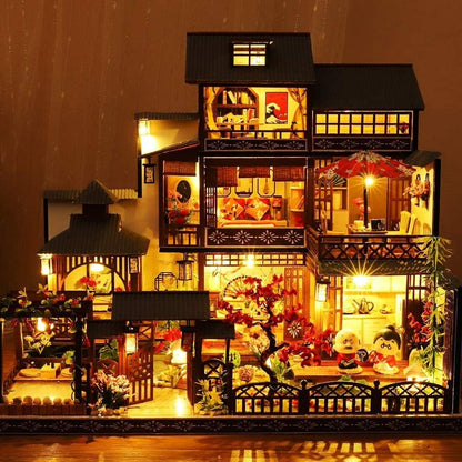 DIY Japanese Wooden Dollhouse Kit with Furniture, Music Box, and Dust Cover