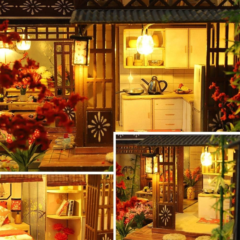 DIY Japanese Wooden Dollhouse Kit with Furniture, Music Box, and Dust Cover