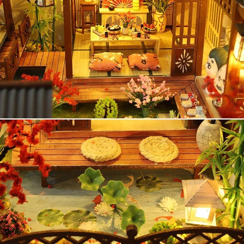 DIY Japanese Wooden Dollhouse Kit with Furniture, Music Box, and Dust Cover