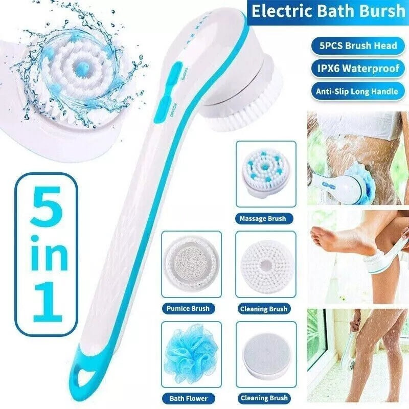 Electric Body Scrubber with Long Handle & Replaceable Brush Heads