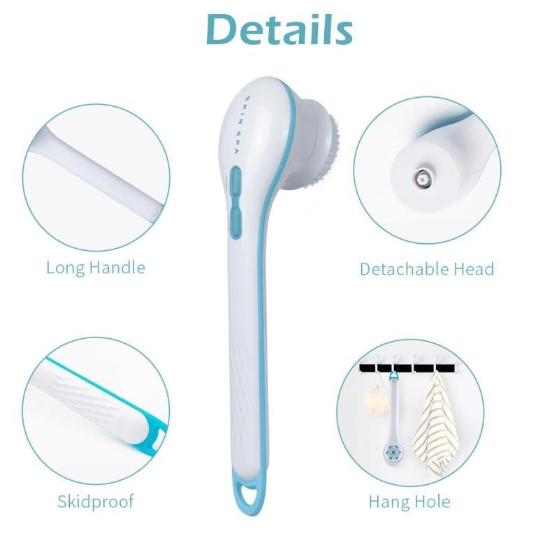 Electric Body Scrubber with Long Handle & Replaceable Brush Heads