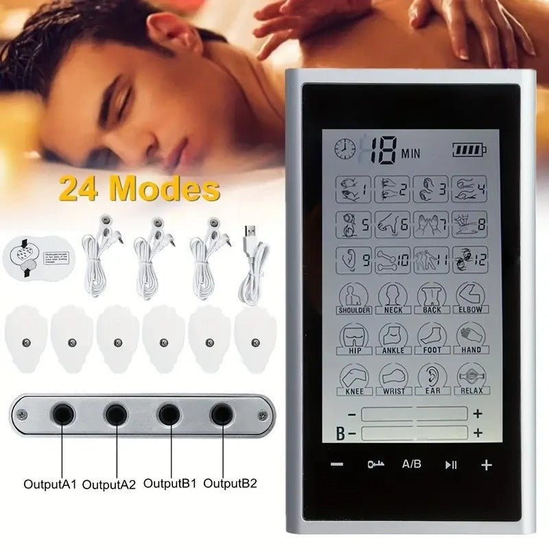 Electric Pulse Massager TENS Muscle Stimulator Physical Therapy Equipment with 24 Modes, EMS Function, and Rechargeable Massage Machine