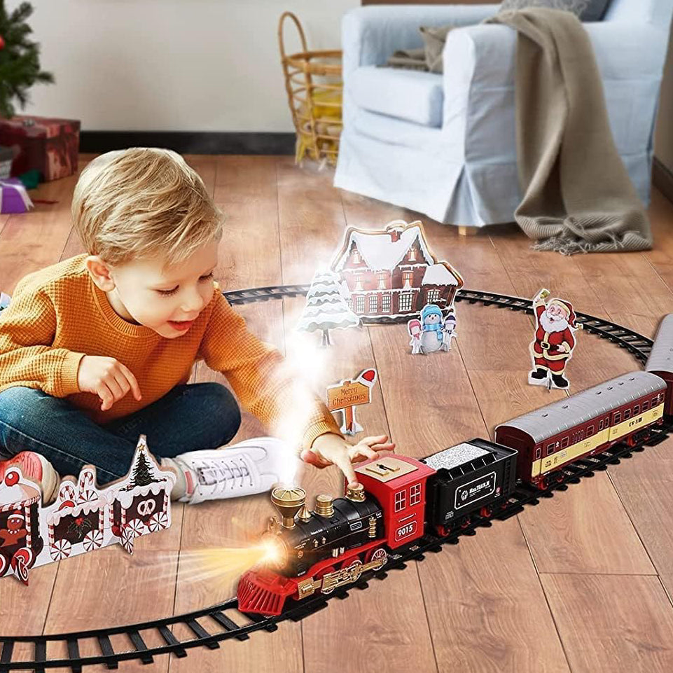 Electric Christmas Steam Train Set with Lights and Sounds, Toy Railway Decoration for Kids Under the Christmas Tree