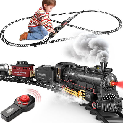 Electric Christmas Steam Train Set with Lights and Sounds, Toy Railway Decoration for Kids Under the Christmas Tree