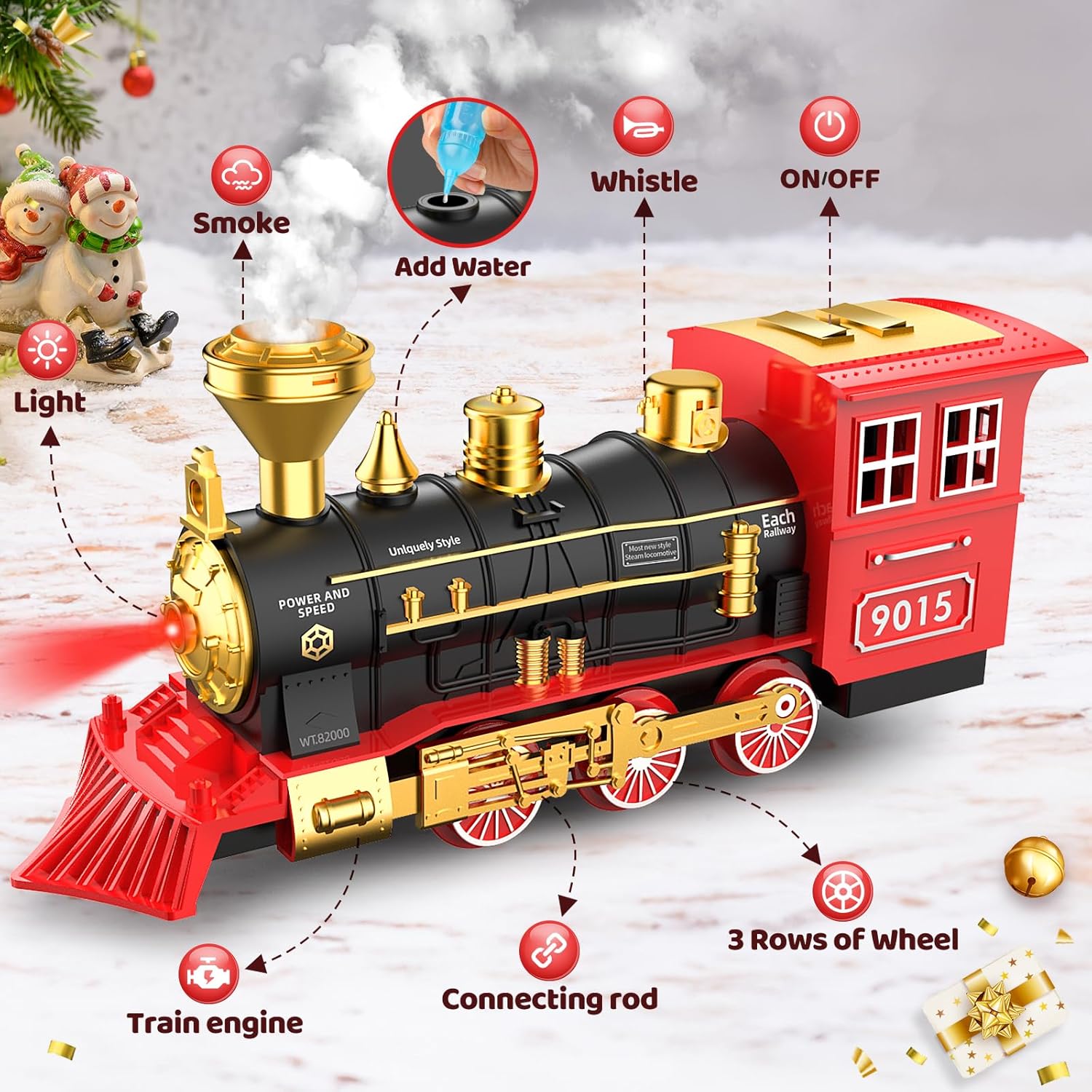 Electric Christmas Steam Train Set with Lights and Sounds, Toy Railway Decoration for Kids Under the Christmas Tree