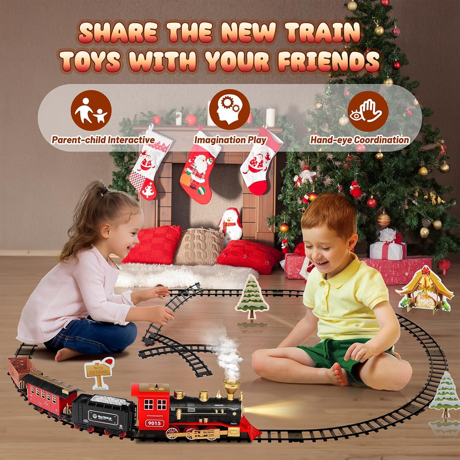 Electric Christmas Steam Train Set with Lights and Sounds, Toy Railway Decoration for Kids Under the Christmas Tree