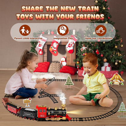Electric Christmas Steam Train Set with Lights and Sounds, Toy Railway Decoration for Kids Under the Christmas Tree