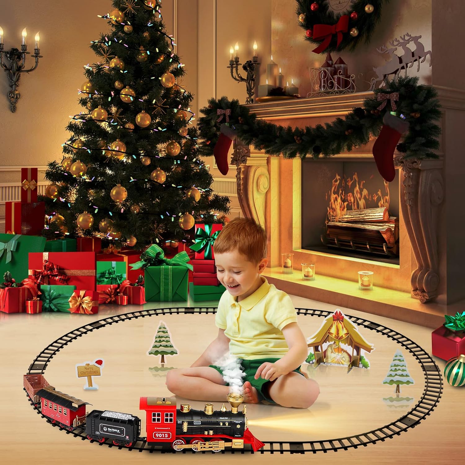 Electric Christmas Steam Train Set with Lights and Sounds, Toy Railway Decoration for Kids Under the Christmas Tree