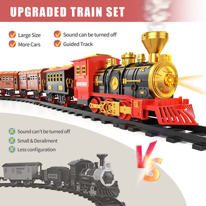 Electric Christmas Steam Train Set with Lights and Sounds, Toy Railway Decoration for Kids Under the Christmas Tree