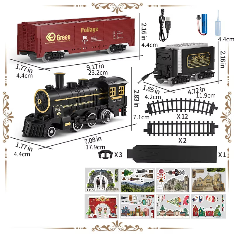 Electric Christmas Steam Train Set with Lights and Sounds, Toy Railway Decoration for Kids Under the Christmas Tree