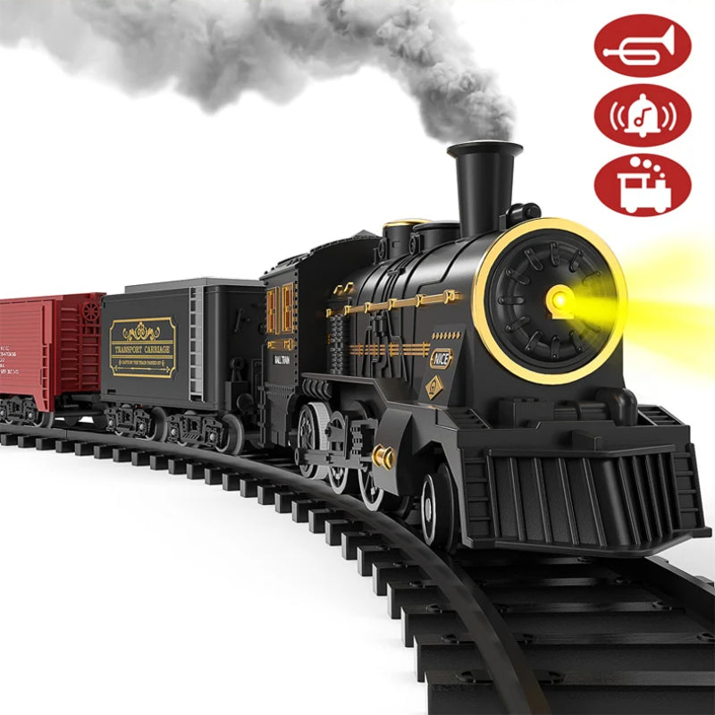 Electric Christmas Steam Train Set with Lights and Sounds, Toy Railway Decoration for Kids Under the Christmas Tree
