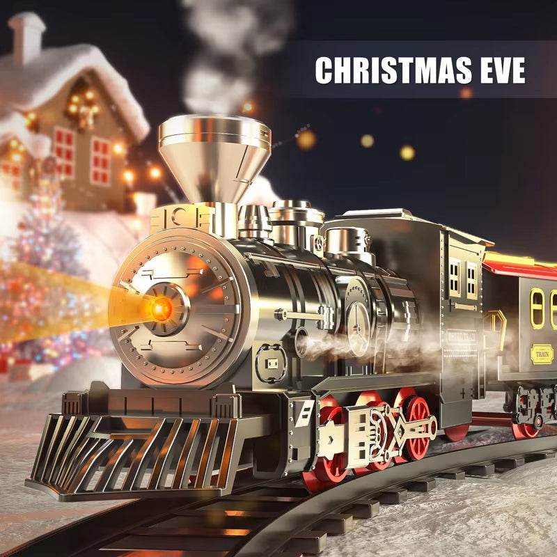 Electric Christmas Steam Train Set with Lights and Sounds, Toy Railway Decoration for Kids Under the Christmas Tree
