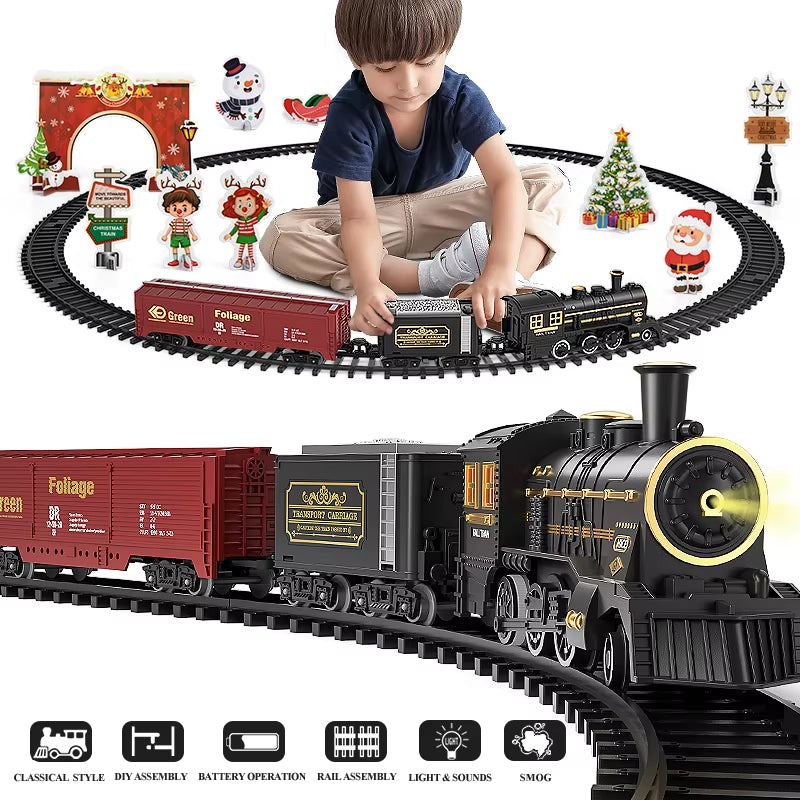 Electric Christmas Steam Train Set with Lights and Sounds, Toy Railway Decoration for Kids Under the Christmas Tree