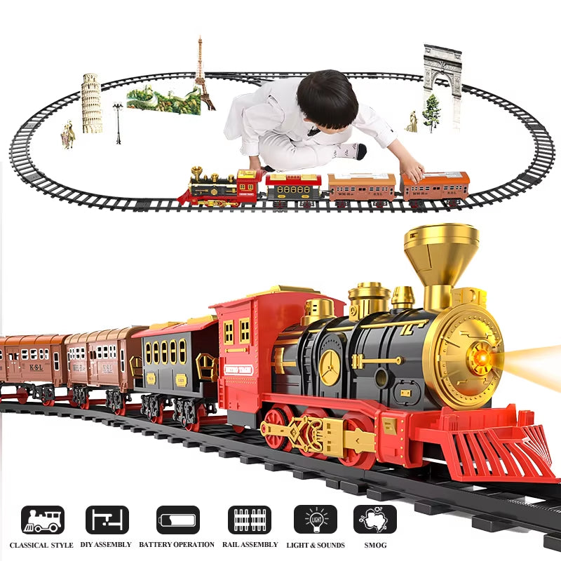 Electric Christmas Steam Train Set with Lights and Sounds, Toy Railway Decoration for Kids Under the Christmas Tree