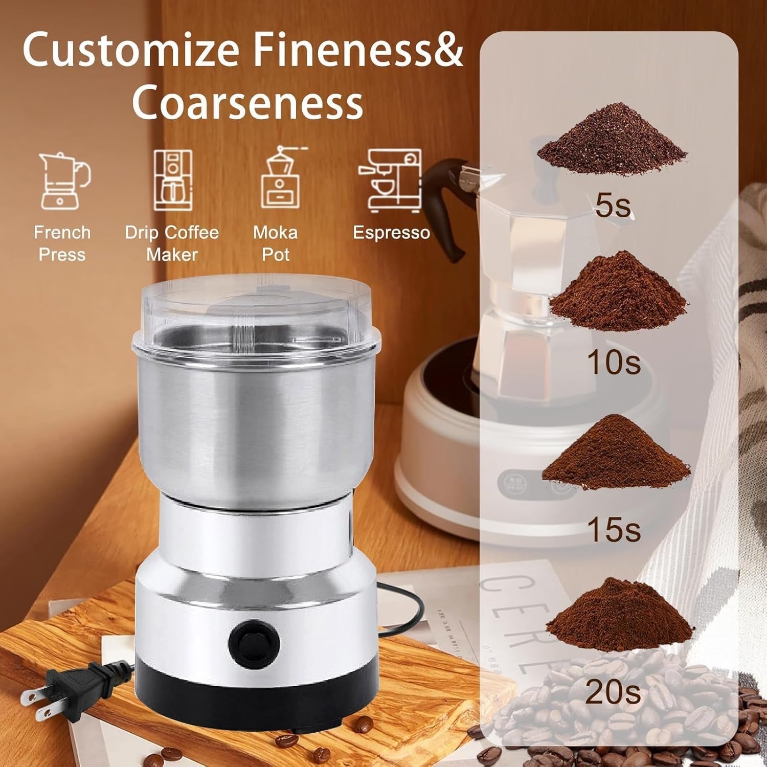 Electric Coffee Grinder and Spice Mill With Four-Edge Blade, Fine Dry Grinding, Electric Milling Function