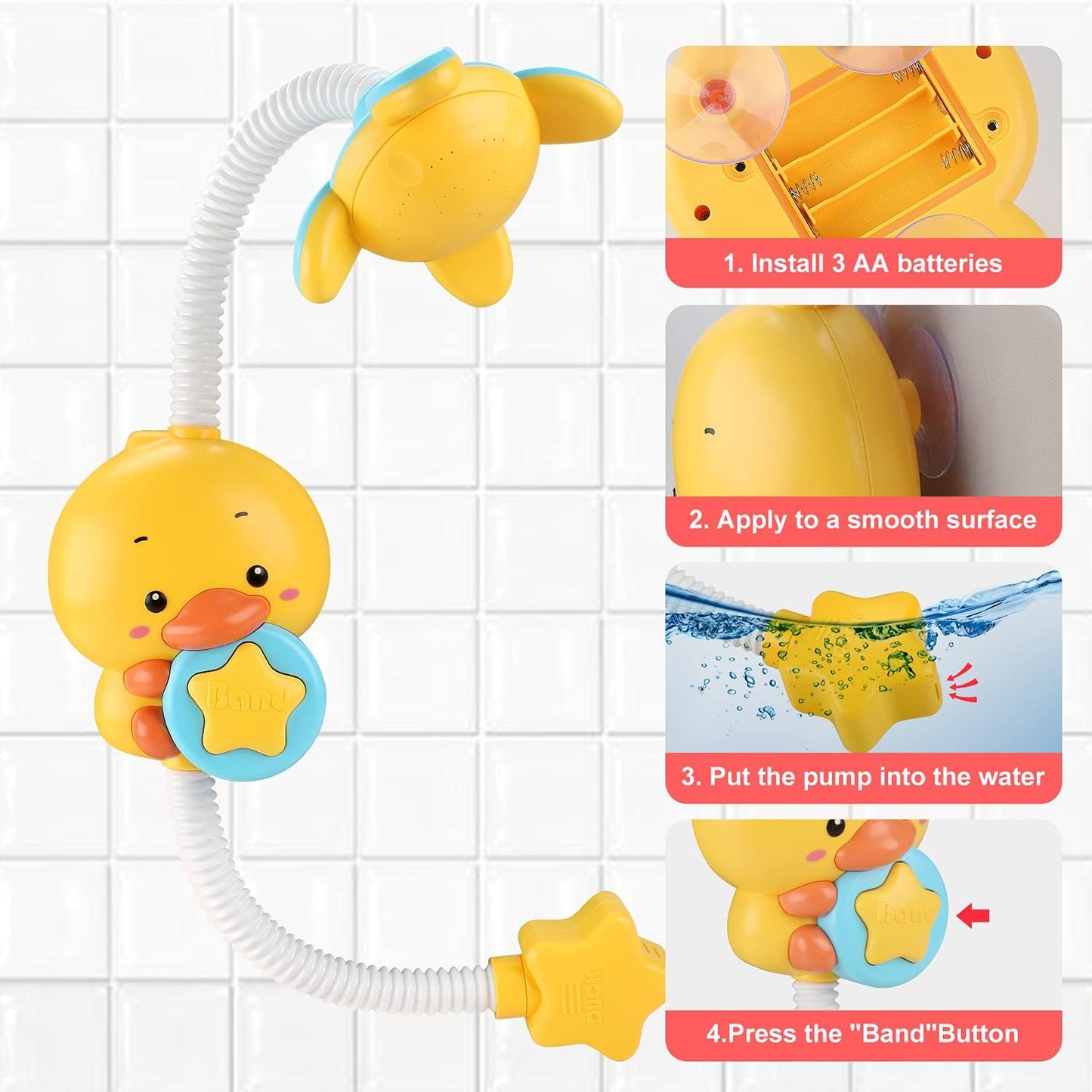 Electric Duck Bath Toy Water Pump with Hand Shower Spray, Strong Suction Cups, Safe for Ages 1+