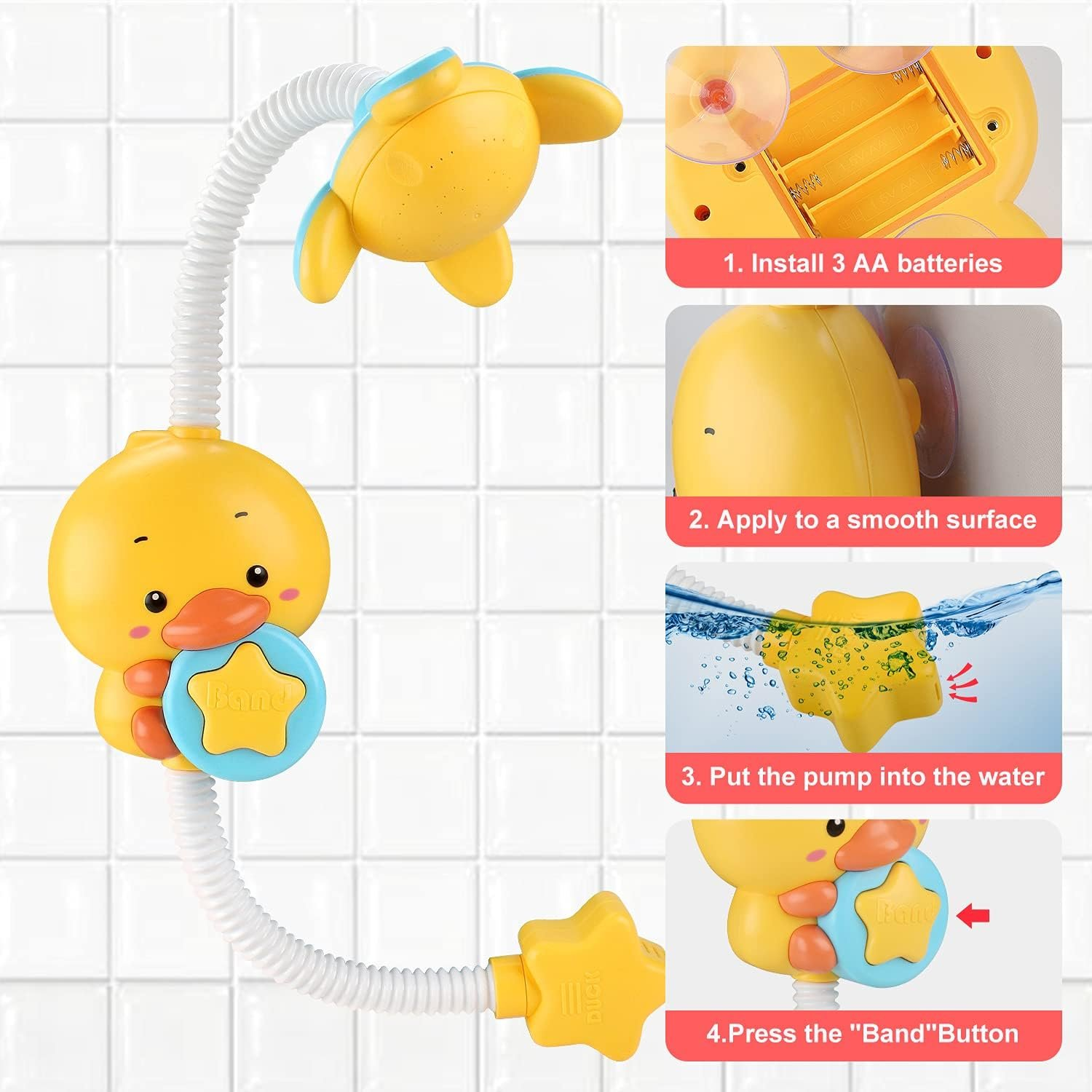 Electric Duck Bath Toy Water Pump with Hand Shower Spray, Strong Suction Cups, Safe for Ages 1+