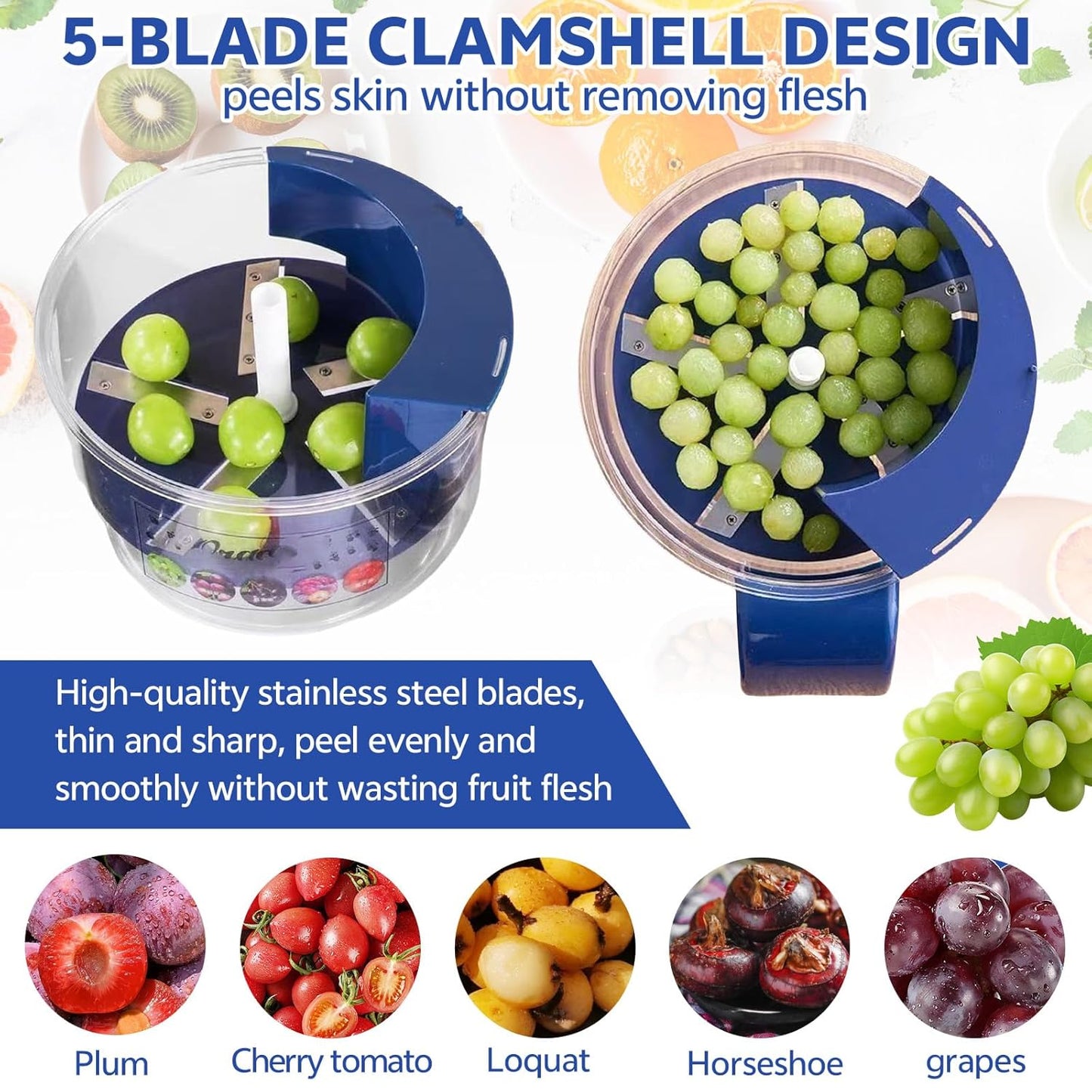 Electric Fruit and Vegetable Peeler with One-Touch Automatic Peeling and 5-Blade Stainless Steel Clamshell Design